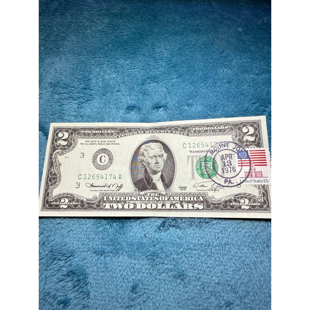 1976 Series $2 Two Dollar Bill Stamped First Day of Issue April 13 1976 PA Bank